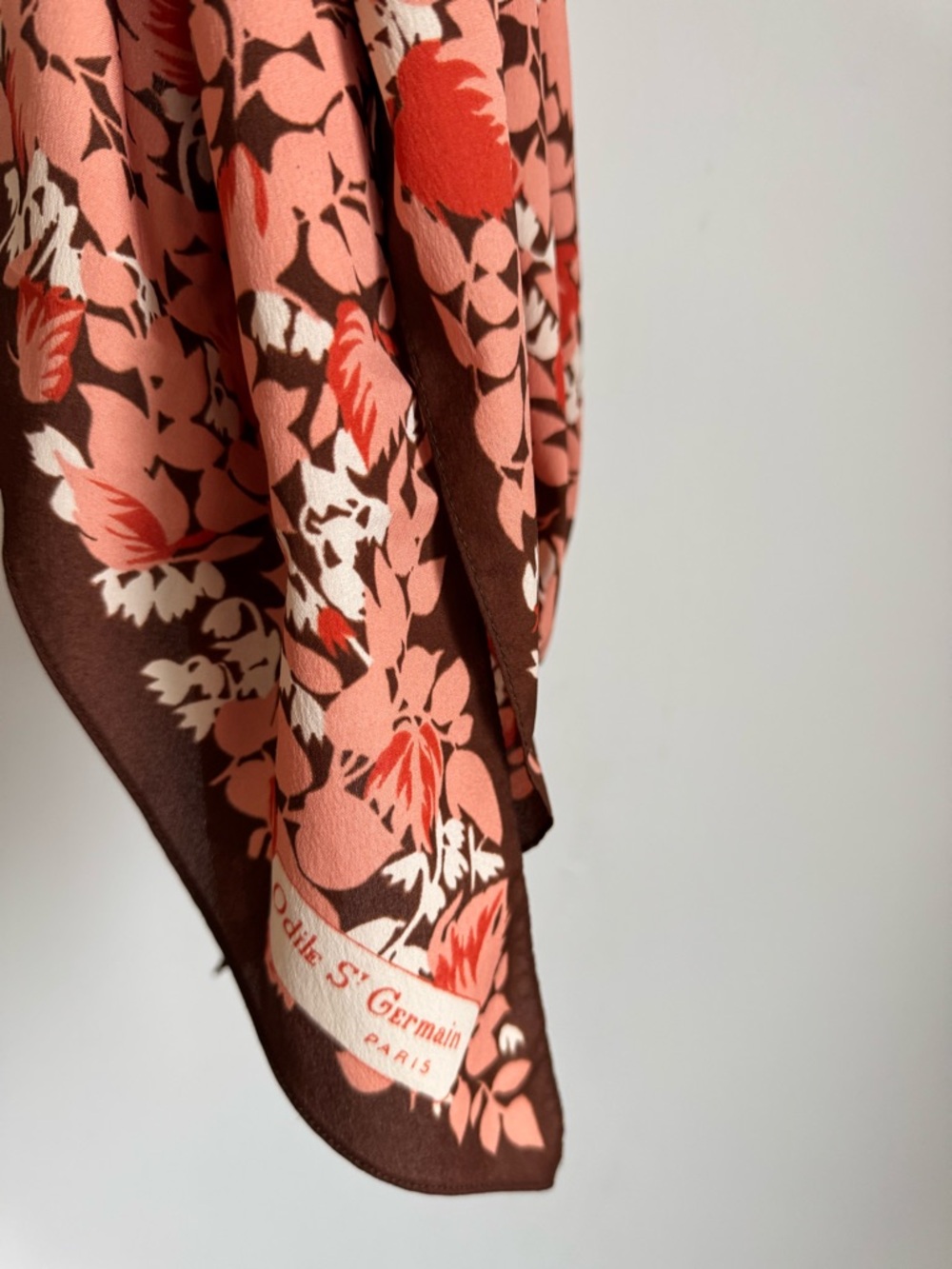 Vintage Odile S Germaine Paris Floral Leaf Scarf in Coral Brown Made in France